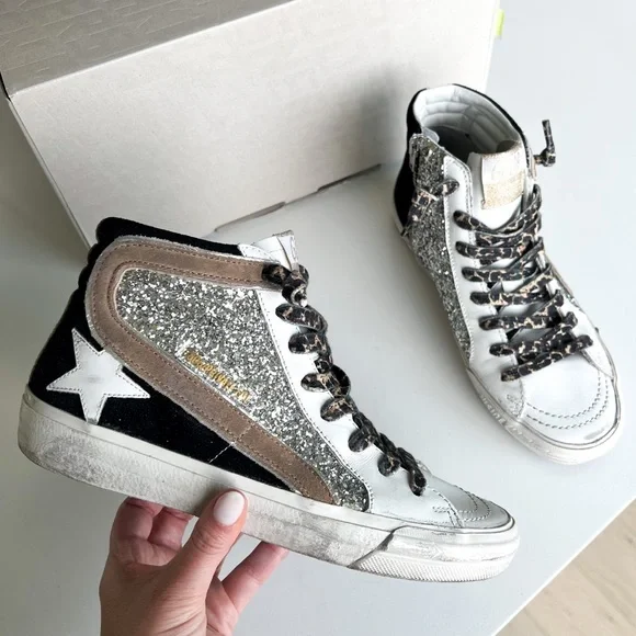 Slide sneakers with glitter upper and laminated pink leather insert | Golden  Goose